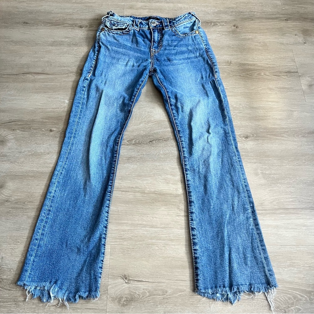 True Religion Becca Bootcut Jeans SZ 27 Pink Stitching Raw Hem